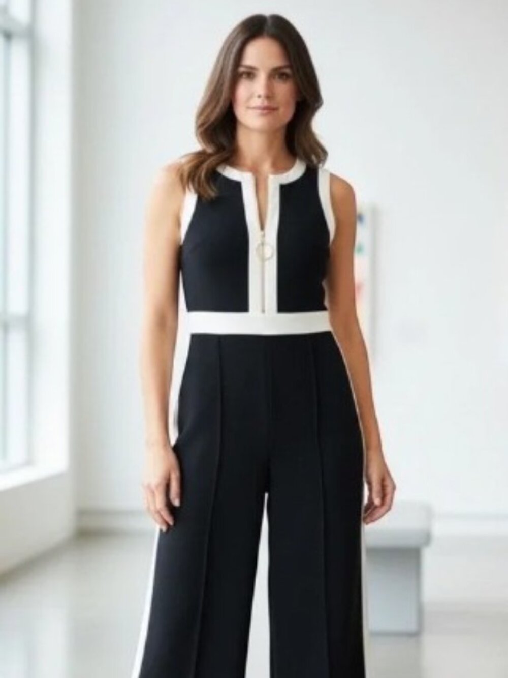 Joseph Ribkoff Black/Vanilla Color Block Pleated Front Jumpsuit